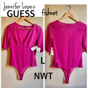 NWT GUESS magenta fishnet bodysuit very sexy short sleeve hot pink Jenn Lopez S